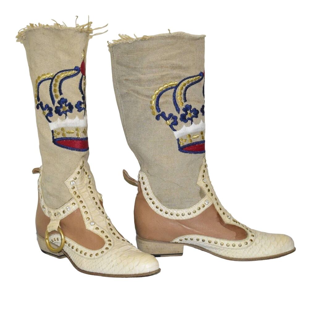 C0 EL VAQUERO Python & Canvas Gold Multi Embroidery Crystals & Studs Boots Sz 36